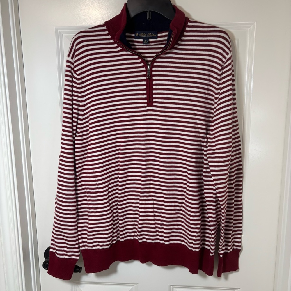 Brooks Brothers Men's Quarter Zip Cotton Sweater - Red and White Stripes XL